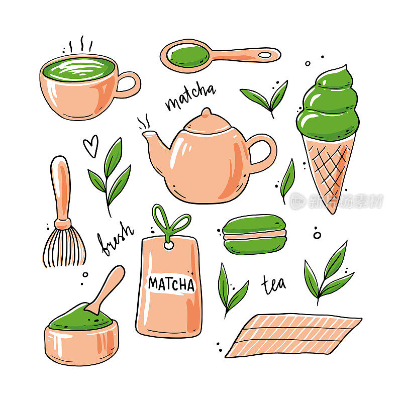 Set of hand drawn matcha tea ingredient elements